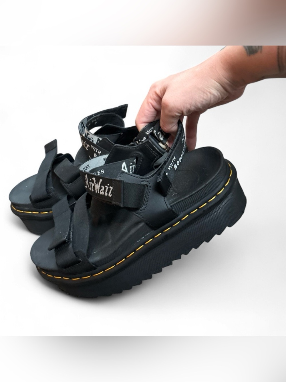 Black Women’s Dr. Martens Platform Sandals with Yellow Stitching - Picture 3 of 5